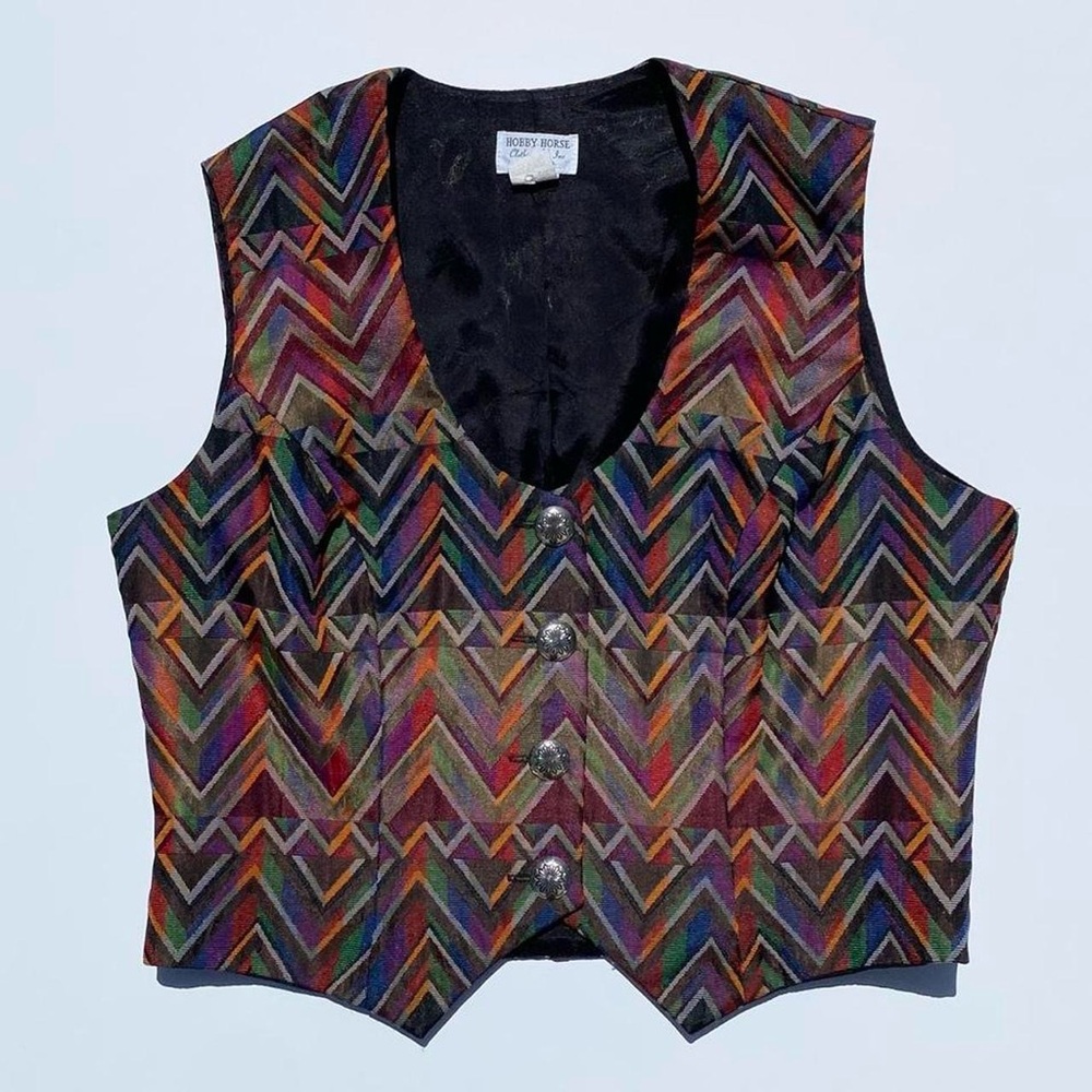 Vintage Hobby Horse Colorful Abstract Silver Button Vest Women's Large Western